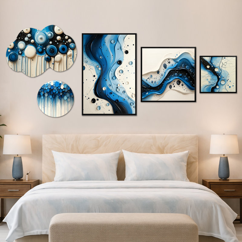 Ensemble de 5 panneaux décoratifs abstraits, toile et métal Rhythic Driauge River II (100 po x 40 po), Metal + Black Frame