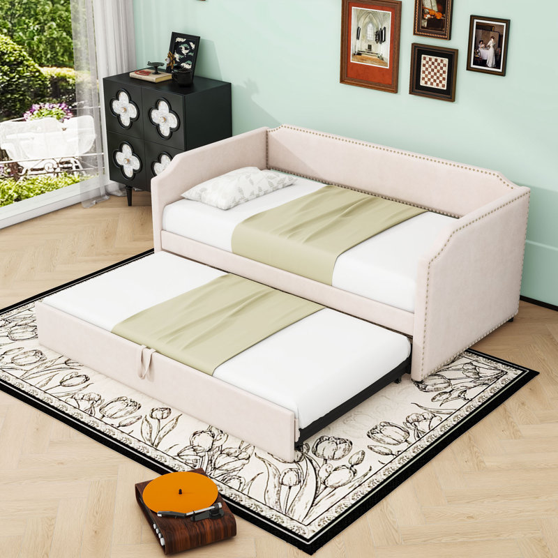 Twin-Size Upholstered Daybed with Pop-Up Twin Trundle, Beige