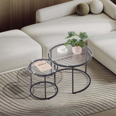 Ensemble de 2 tables basses gigognes, tables basses rondes de 23,6 po, tables gigognes en verre pour petite place, tables de bout modernes avec structure en métal, pour salon, chambre à coucher, balcon, bureau