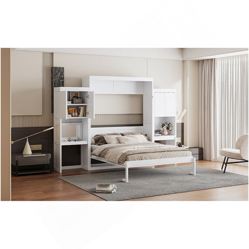 Grand lit escamotable avec bureau, coiffeuse et armoires, blanc