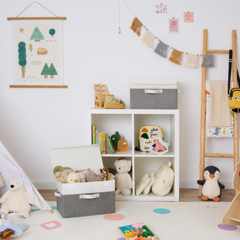 Boîtes de rangement en tissu, boîte à souvenirs, grands bacs de rangement avec couvercles, organisateurs de garde-robe, boîte à jouets, paniers de rangement pour tablettes, blanc / gris, paquet de 2