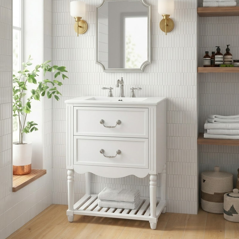24" French Country Bathroom Vanity with Ceramic Sink, Two Soft-Close Drawers, Open Shelf & Turned Legs, White