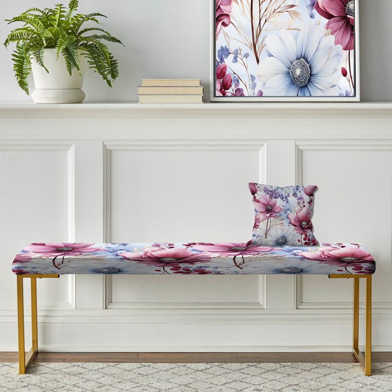 Pink And Purple Wildflower Paradise - Floral Upholstered Gold Bench