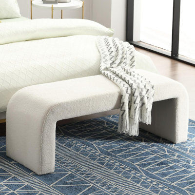 49.5" Curved Boucle Teddy Fabric Bench Upholstered Accent Bench For Bedroom, Living Room & Entryway
