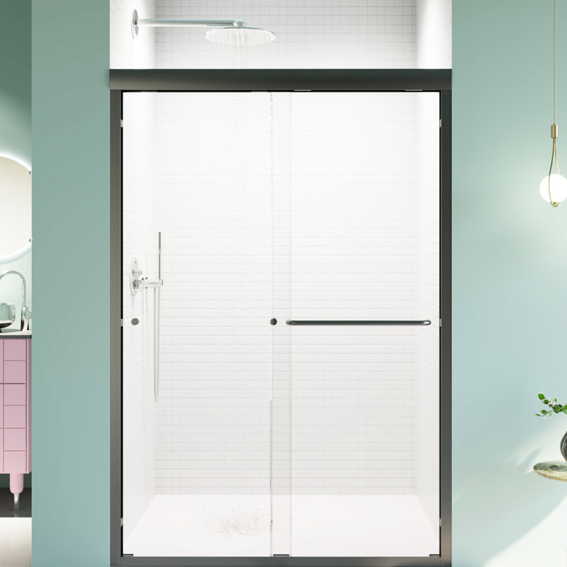 44"-48" Adjustable Double Sliding Shower Door, 6Mm Tempered Glass, Matte Black, Entrance Decoration Semi- 48"W*72"H, Excellent Waterproof Performance