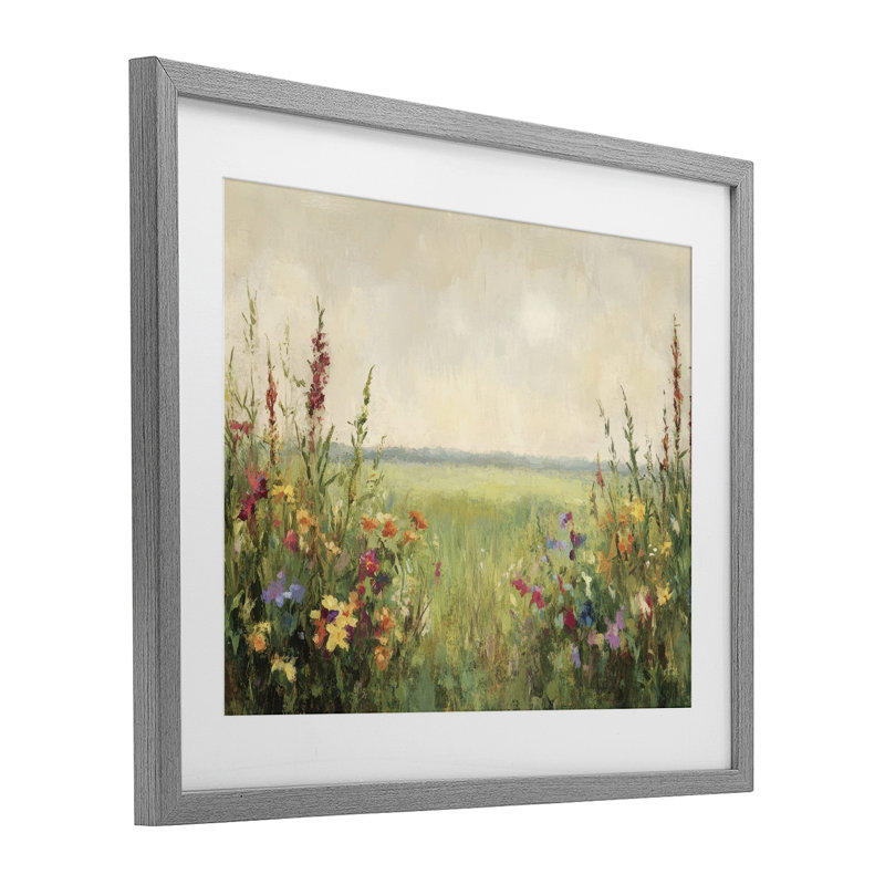 «Warm Painted Meadow», reproduction sous verre encadrée, design par Petal Prints Design, Cadre de ferme gris