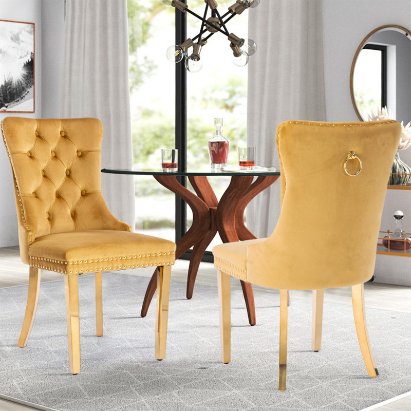 Chaise d'appoint de salle à manger en velours avec pieds plaqués or Jaqua (ensemble de 2), Jaune