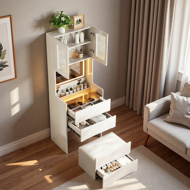 3-in-1 Vanity Table With Led Mirror,  Drawers, Flip-top Compartment And Storage Stool