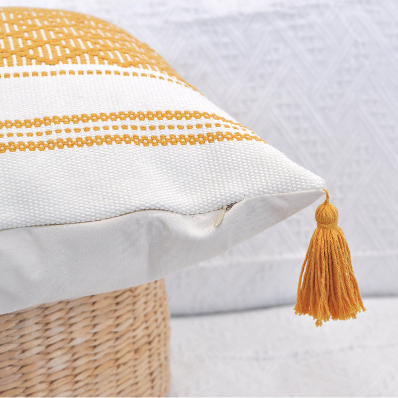 Mustard Yellow and Cream Cotton Boho Lumbar Pillowcases with Tassels