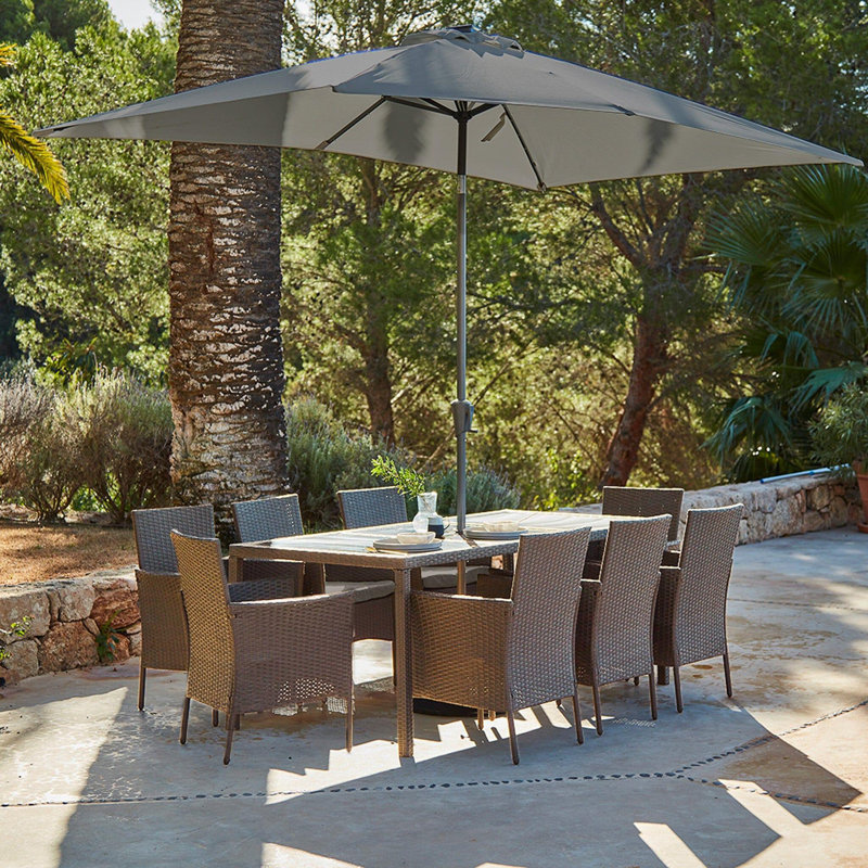 Ahmid Rectangular - Piece 10 - Person 90Cm L Outdoor Table Set & Parasol, Beige Weave, Grey