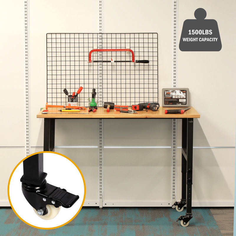 48'' Adjustable Height Oak and Steel Workbench with Wheels