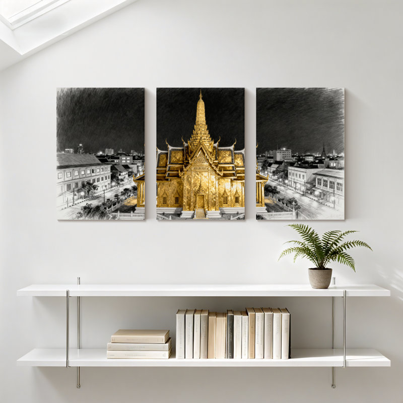 Ensemble de 3 impressions d'art sur toile, Temple d'or, nuit, paysage urbain, H 24 po x l 48 po