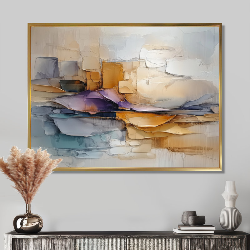 Omme, horizon flou de l'illusion dorée II - peinture abstraite sur toile, H 12 po x l 20 po, Cadre flottant, Doré