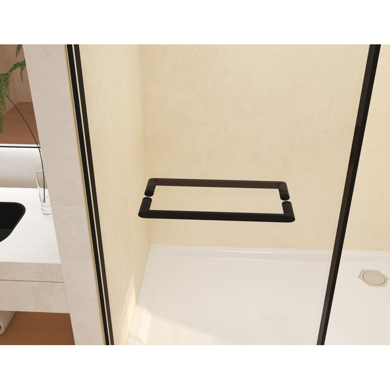 Porte de douche coulissante double sans cadre l 44 à 48 po x H 74 po, verre trempé de 5/16 po (8 mm), film antidéflagrant, poignée en acier inoxydable, rail tubulaire carré, noir mat