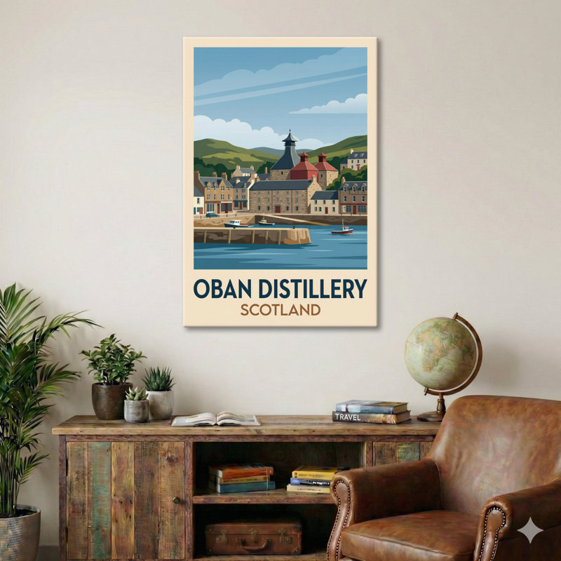 Oban Distillery, Scotland - Harbour Light And Highland Whisky Travel Poster. Giclee Print On Wrapped Canvas. Wall Art, Home Decor - Iconic Buildings & Architecture, Scotland - Wrapped Canvas Print