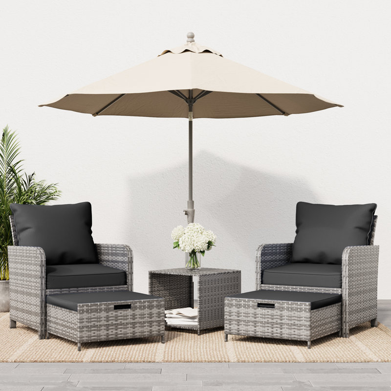 Idamarie Wicker Conversation Set with Ottoman, Gray, Black