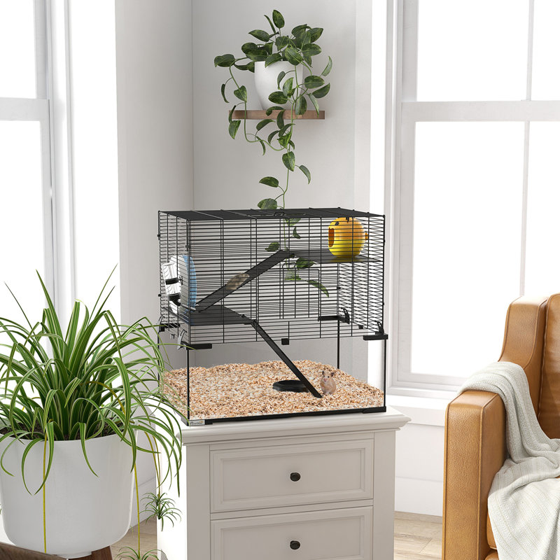 Cage pour petits animaux, 23,5 po avec rampes, plateformes, cabane, roue d'exercice, bassin en verre, chenil noir pour hamster, 23,5 po, structure en acier, animaux à roues