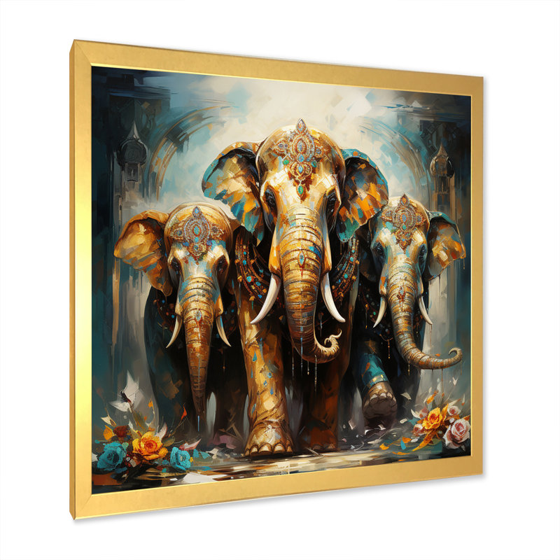 Art asiatique, éléphants thaïlandais X - Art mural asiatique, Cadre doré simple, H 24 po x l 24 po x P 1 po