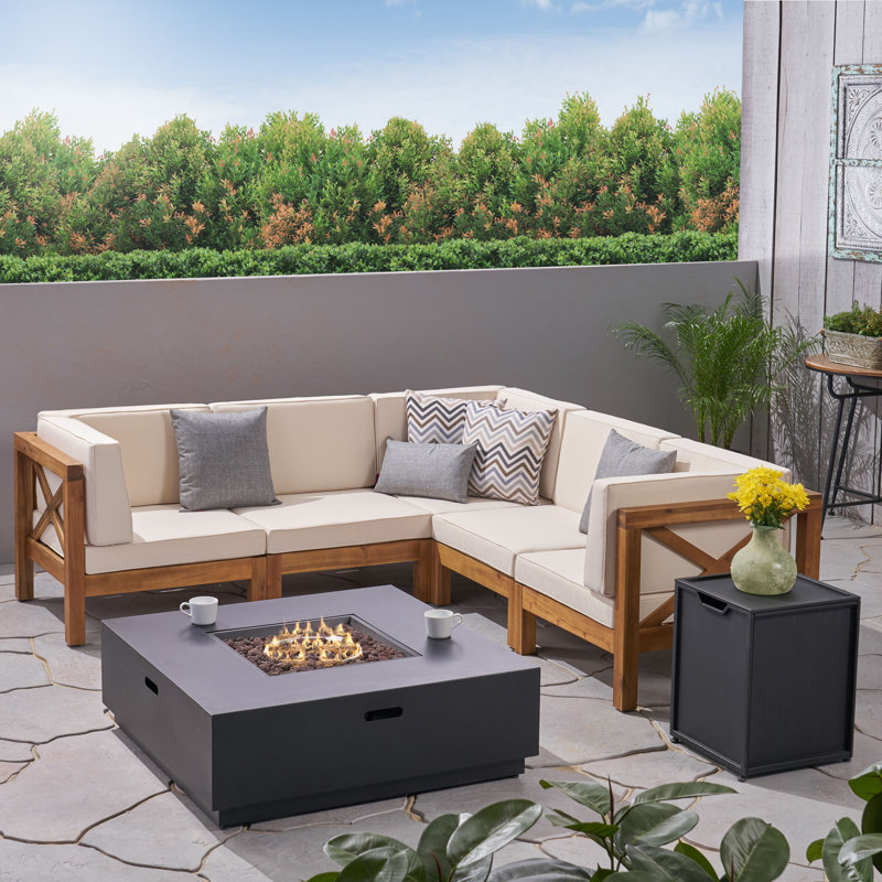 5 - Person Modular Patio Conversation Set with Cushions, Teak Frame / Beige Cushion