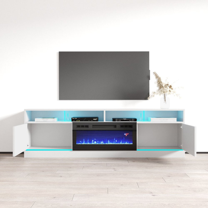 Alexin 78.7" Modern TV Stand with Electric Fireplace, High Gloss Finish, Media Storage, White/Black