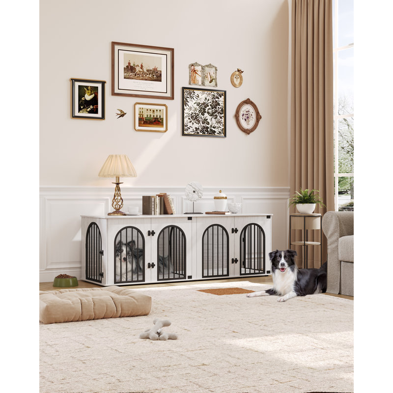 71" White and Brown Heavy Duty Dog Crate Furniture with Divider