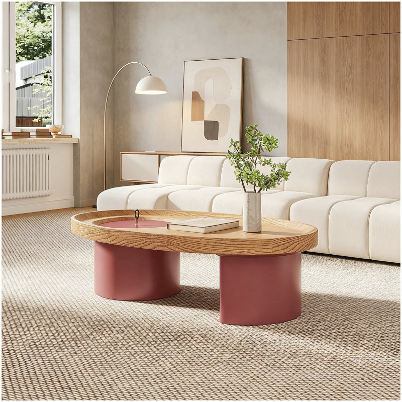 Table basse ovale en bois avec rangement 45,3 po, plateau en noyer avec pieds rouges, table de salon Mid-Century moderne, mobilier d'appoint de style campagnard pour grands espaces, assemblage facile
