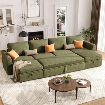 Canapé-lit modulaire en U avec lit escamotable, canapé modulaire en velours côtelé 6 places avec sièges de rangement et 2 repose-pieds pour un salon spacieux