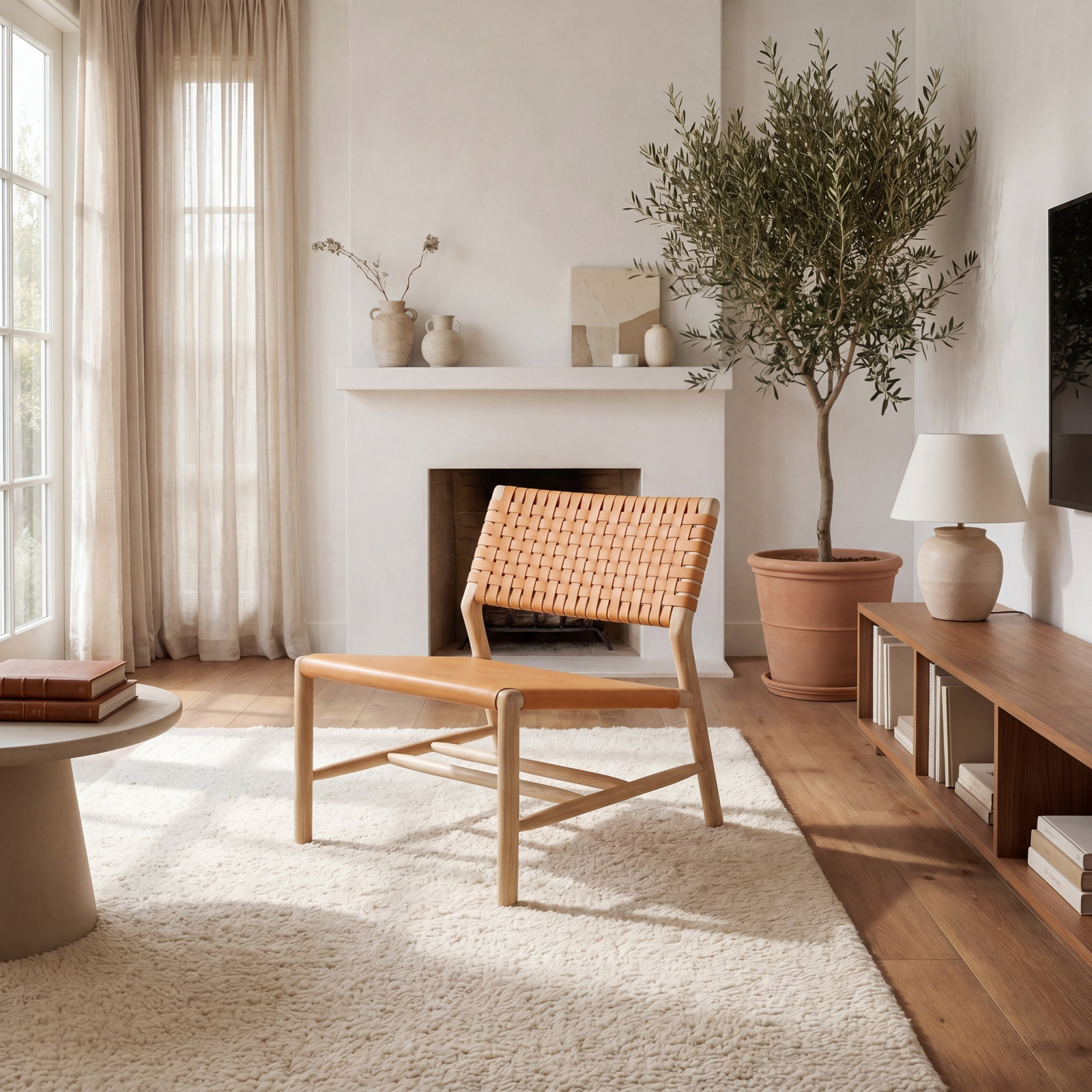 Genuine Leather Accent Chair, Natural, Tan Leather