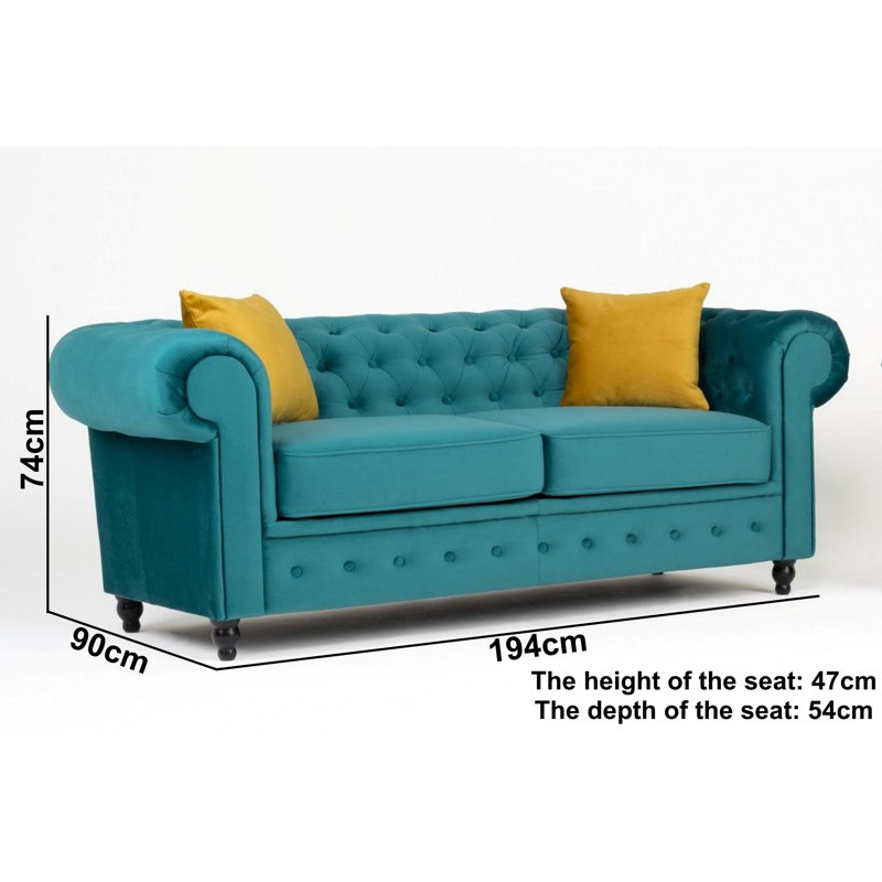 Frances 3 Seater Chesterfield Sofa Velvet, Ocean, 74cm H x 194cm W x 90cm D