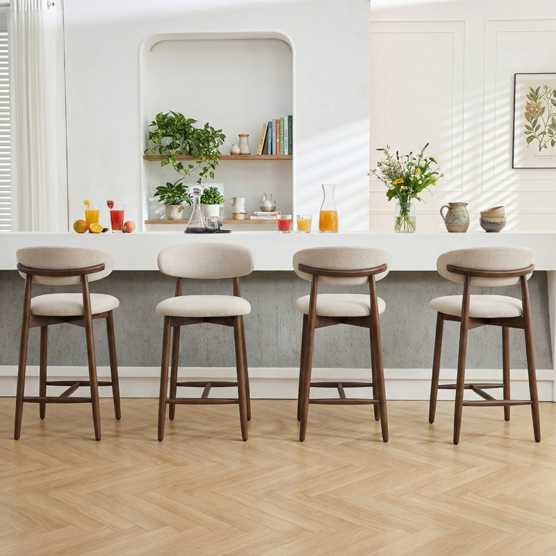 Upholstered Counter Height Bar Stool with Solid Wood legs, Beige, 4