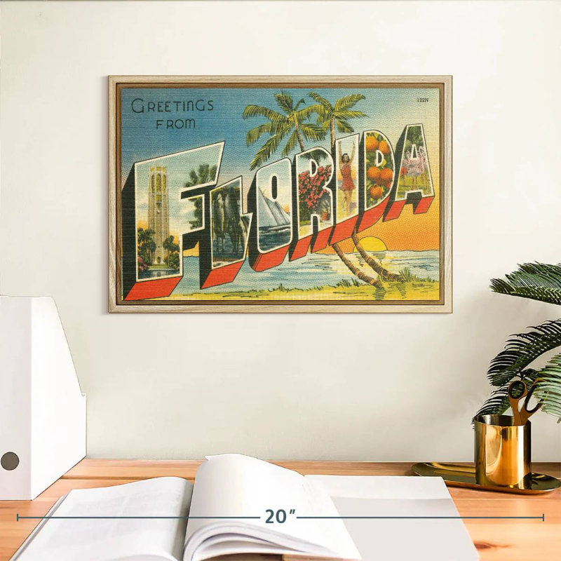 Greetings From Florida, Cadre flottant en bois naturel, 13 po x 9 po