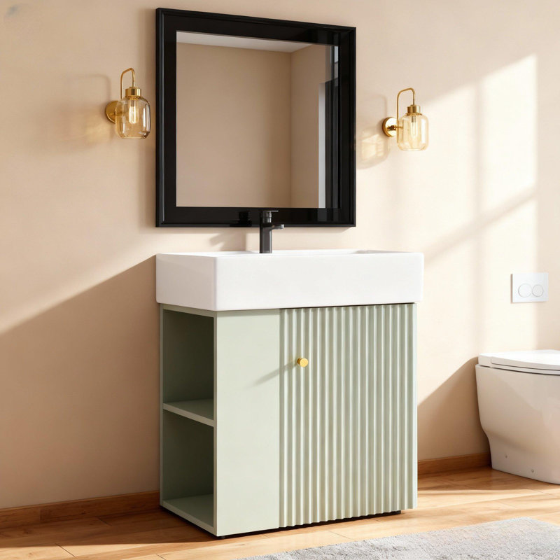 Mircea Kael 21.6 Inch Floating Bathroom Vanity, Ceramic Basin, Left Side Storage, 21.6, Green