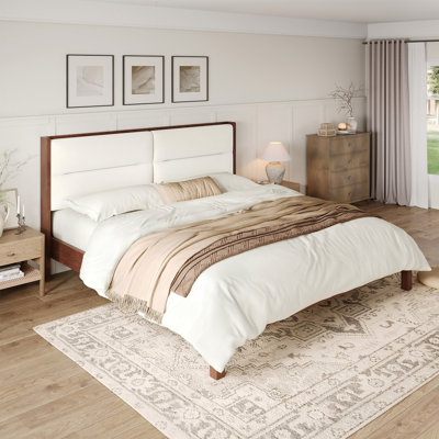 Solid Wood Queen Size Platform Bed Frame With Beige Velvet Upholstered Headboard