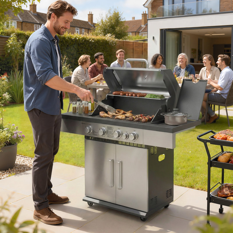 Outsunny 4 - Burner Freestanding, Portable 12000 BTU BTU Gas Grill with Side Burner and Cabinet