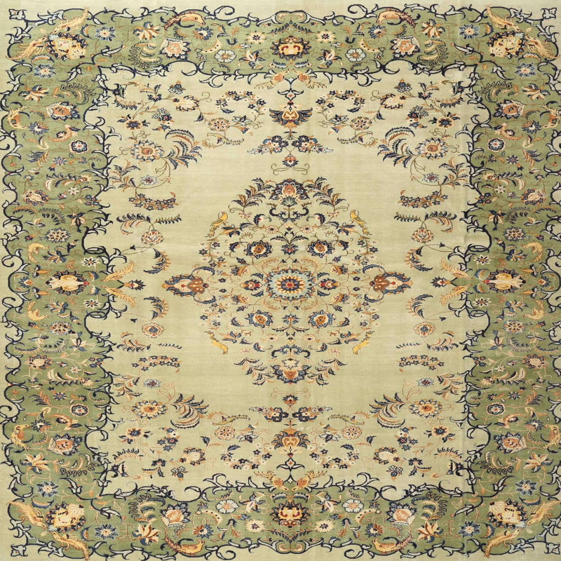 Tapis traditionnel vert / beige, Carré 4 pi