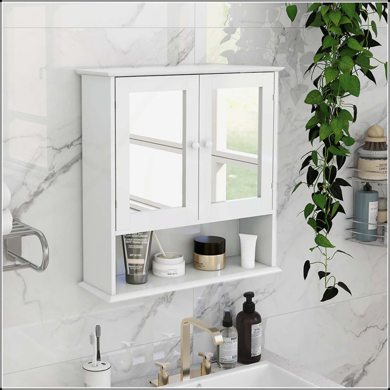 Armoire murale polyvalente avec double porte miroir et tablettes pratiques
