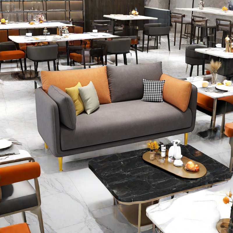 Design Sense Dessert Restaurant Bench. Leathaire Upholstered Bench, Grey/Orange
