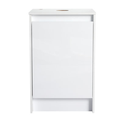 Armoire de salle de bain autoportante blanche lustrée de 20 po, fonction de fermeture en douceur pour une utilisation en douceur, style design paisible, rangement inférieur, panneau supérieur avec trou de robinet réglable, garniture de rangement, organisateur moderne