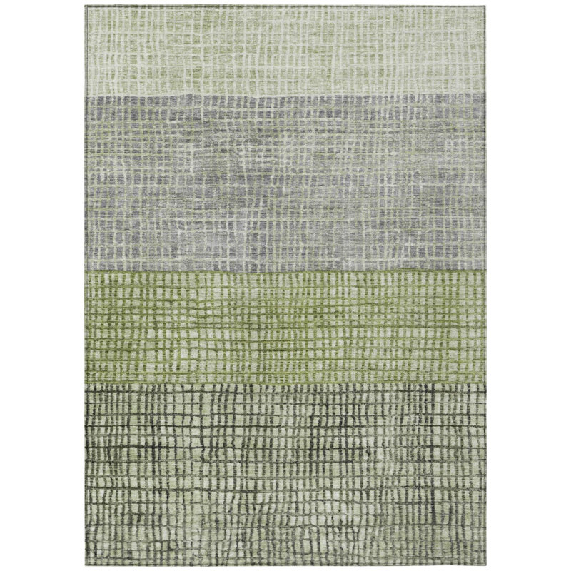 Tapis intérieur/extérieur lavable, motif géométrique vert artichaut et gris, 2,74 m x 3,66 m