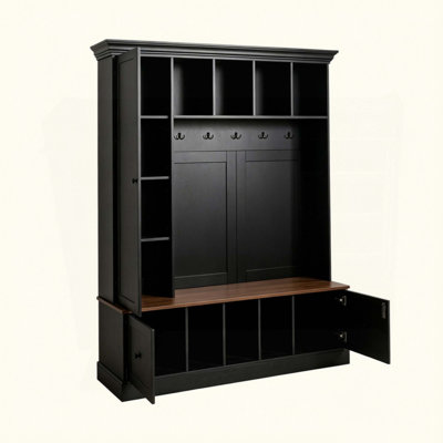 62.2''W Farmhouse Hall Tree with Shoe Storage Bench, Entryway Coat Rack with 5 Hooks, Adjustable Shelf Cabinet with Drawers for Hallway, Entryway, Living Room