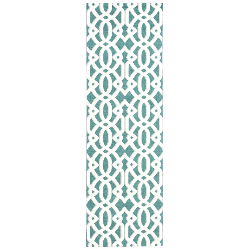 Bleu géométrique Tapis décoratif blanc Magellan, Tapis de couloir 2 pi 6 po x 8 pi, Bleu sarcelle / ivoire
