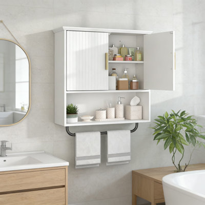 Wall Mounted Bathroom Cabinet With Towel Bar, 2-Door Storage Organizer With Adjustable Shelves, Space Saving Medicine Cabinet For Bathroom, Laundry Room, Kitchen, And Living Room