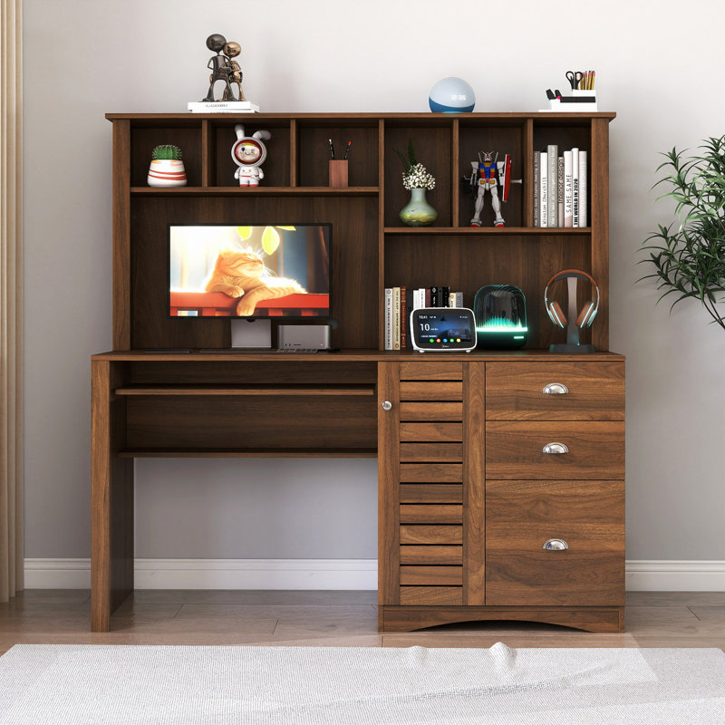 Bureau d'ordinateur à domicile avec huche, finition blanc antique, Brown