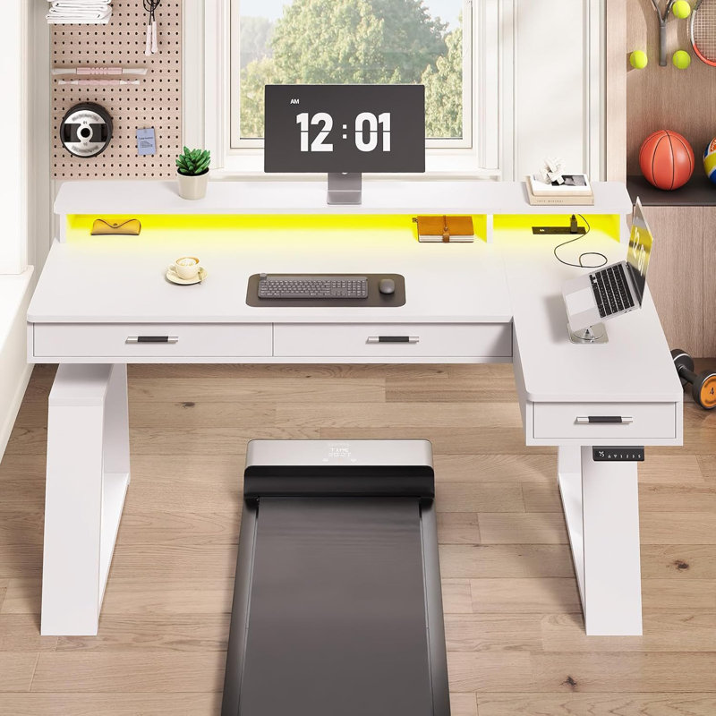 Bureau debout électrique en forme de L 59 "avec tiroirs, Blanc