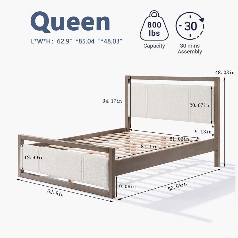 Queen Platform Bed with Ivory Boucle Fabric Headboard and Gray Wood Frame