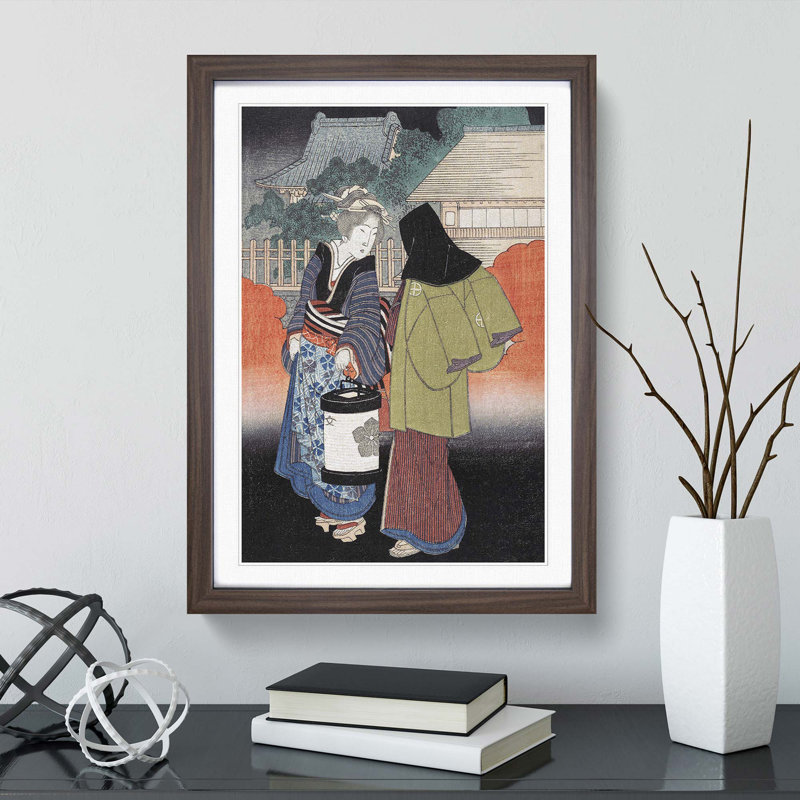 Night Scene by Yashima Gakutei - Framed Print, 48cm H x 36cm W x 2cm D, Walnut Framed