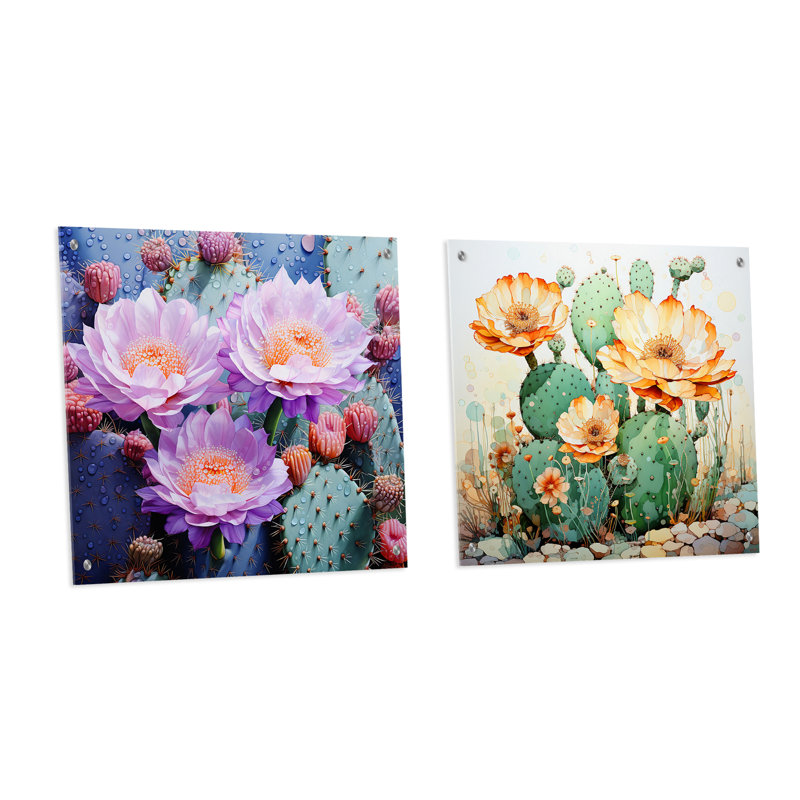 Malachi - Cactus acrylique, ensemble de 2 verres muraux, H 16 po x l 33 po