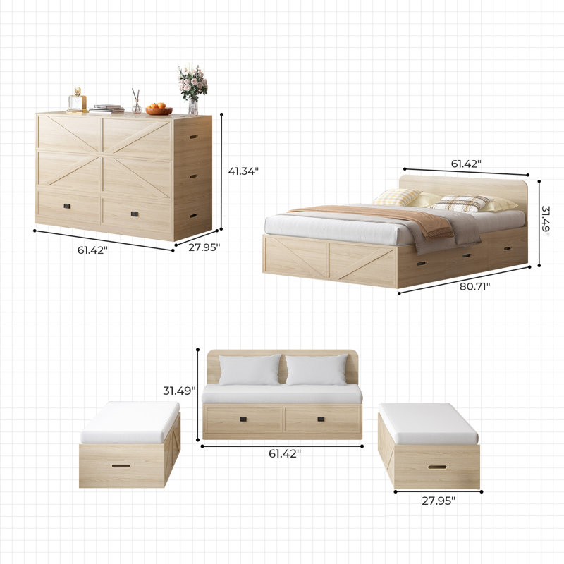 Modern Queen Murphy Cabinet Bed with Convertible Sofa and Mattress Included, Natural
