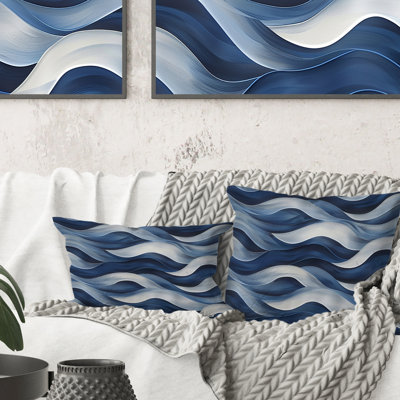 Blanc, bleu, Modern Waves V - Coussin décoratif moderne