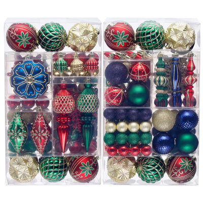  Christmas Tree Ornaments, 155ct Red Green Blue and Gold Shatterproof Christmas Tree Decorations, Elegant Hanging Ball Ornaments Bulk for Xmas Holiday Wedding Party Decor